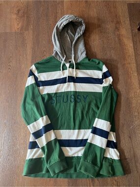 Stussy Green, Navy & Cream Striped Hooded Pullover